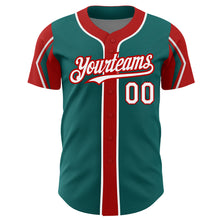 Load image into Gallery viewer, Custom Teal White-Red 3 Colors Arm Shapes Authentic Baseball Jersey

