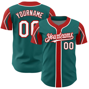Custom Teal White-Red 3 Colors Arm Shapes Authentic Baseball Jersey
