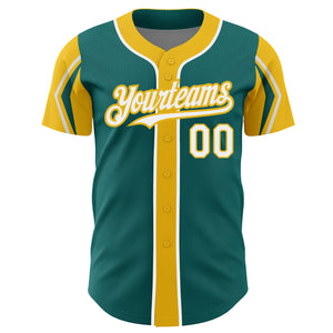 Custom Teal White-Yellow 3 Colors Arm Shapes Authentic Baseball Jersey