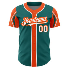 Load image into Gallery viewer, Custom Teal White-Orange 3 Colors Arm Shapes Authentic Baseball Jersey

