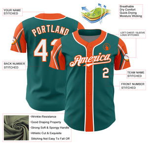 Custom Teal White-Orange 3 Colors Arm Shapes Authentic Baseball Jersey