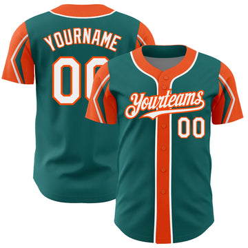Custom Teal White-Orange 3 Colors Arm Shapes Authentic Baseball Jersey
