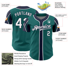 Load image into Gallery viewer, Custom Teal White-Navy 3 Colors Arm Shapes Authentic Baseball Jersey
