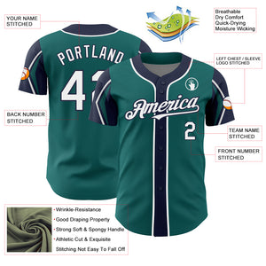 Custom Teal White-Navy 3 Colors Arm Shapes Authentic Baseball Jersey
