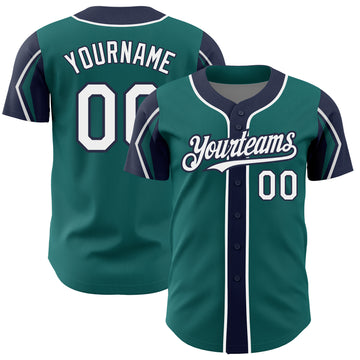 Custom Teal White-Navy 3 Colors Arm Shapes Authentic Baseball Jersey