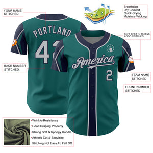 Custom Teal Gray-Navy 3 Colors Arm Shapes Authentic Baseball Jersey