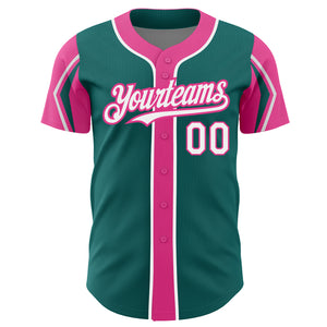 Custom Teal White-Pink 3 Colors Arm Shapes Authentic Baseball Jersey