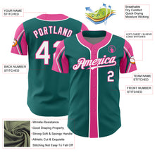 Load image into Gallery viewer, Custom Teal White-Pink 3 Colors Arm Shapes Authentic Baseball Jersey
