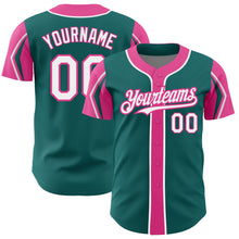 Load image into Gallery viewer, Custom Teal White-Pink 3 Colors Arm Shapes Authentic Baseball Jersey
