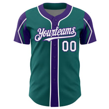 Load image into Gallery viewer, Custom Teal White-Purple 3 Colors Arm Shapes Authentic Baseball Jersey
