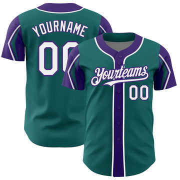Custom Teal White-Purple 3 Colors Arm Shapes Authentic Baseball Jersey