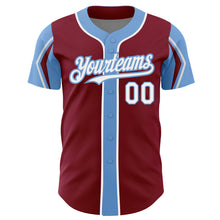 Load image into Gallery viewer, Custom Crimson White-Light Blue 3 Colors Arm Shapes Authentic Baseball Jersey
