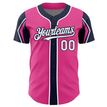 Load image into Gallery viewer, Custom Pink White-Navy 3 Colors Arm Shapes Authentic Baseball Jersey
