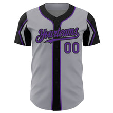 Load image into Gallery viewer, Custom Gray Purple-Black 3 Colors Arm Shapes Authentic Baseball Jersey
