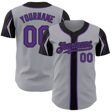 Load image into Gallery viewer, Custom Gray Purple-Black 3 Colors Arm Shapes Authentic Baseball Jersey
