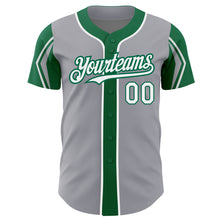 Load image into Gallery viewer, Custom Gray White-Kelly Green 3 Colors Arm Shapes Authentic Baseball Jersey
