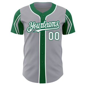 Custom Gray White-Kelly Green 3 Colors Arm Shapes Authentic Baseball Jersey