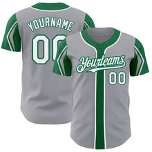 Load image into Gallery viewer, Custom Gray White-Kelly Green 3 Colors Arm Shapes Authentic Baseball Jersey

