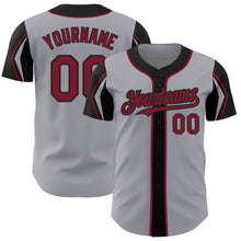 Load image into Gallery viewer, Custom Gray Crimson-Black 3 Colors Arm Shapes Authentic Baseball Jersey
