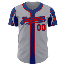 Load image into Gallery viewer, Custom Gray Red-Royal 3 Colors Arm Shapes Authentic Baseball Jersey
