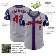 Load image into Gallery viewer, Custom Gray Red-Royal 3 Colors Arm Shapes Authentic Baseball Jersey
