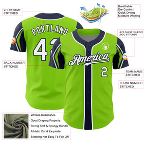 Custom Neon Green White-Navy 3 Colors Arm Shapes Authentic Baseball Jersey