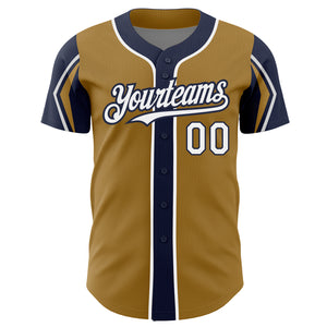 Custom Old Gold White-Navy 3 Colors Arm Shapes Authentic Baseball Jersey