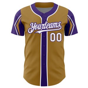 Custom Old Gold White-Purple 3 Colors Arm Shapes Authentic Baseball Jersey