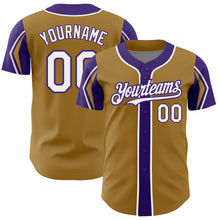 Load image into Gallery viewer, Custom Old Gold White-Purple 3 Colors Arm Shapes Authentic Baseball Jersey

