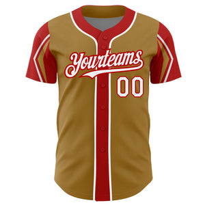 Custom Old Gold White-Red 3 Colors Arm Shapes Authentic Baseball Jersey