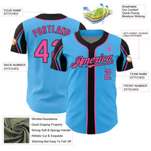 Load image into Gallery viewer, Custom Sky Blue Pink-Black 3 Colors Arm Shapes Authentic Baseball Jersey
