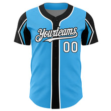 Load image into Gallery viewer, Custom Sky Blue White-Black 3 Colors Arm Shapes Authentic Baseball Jersey
