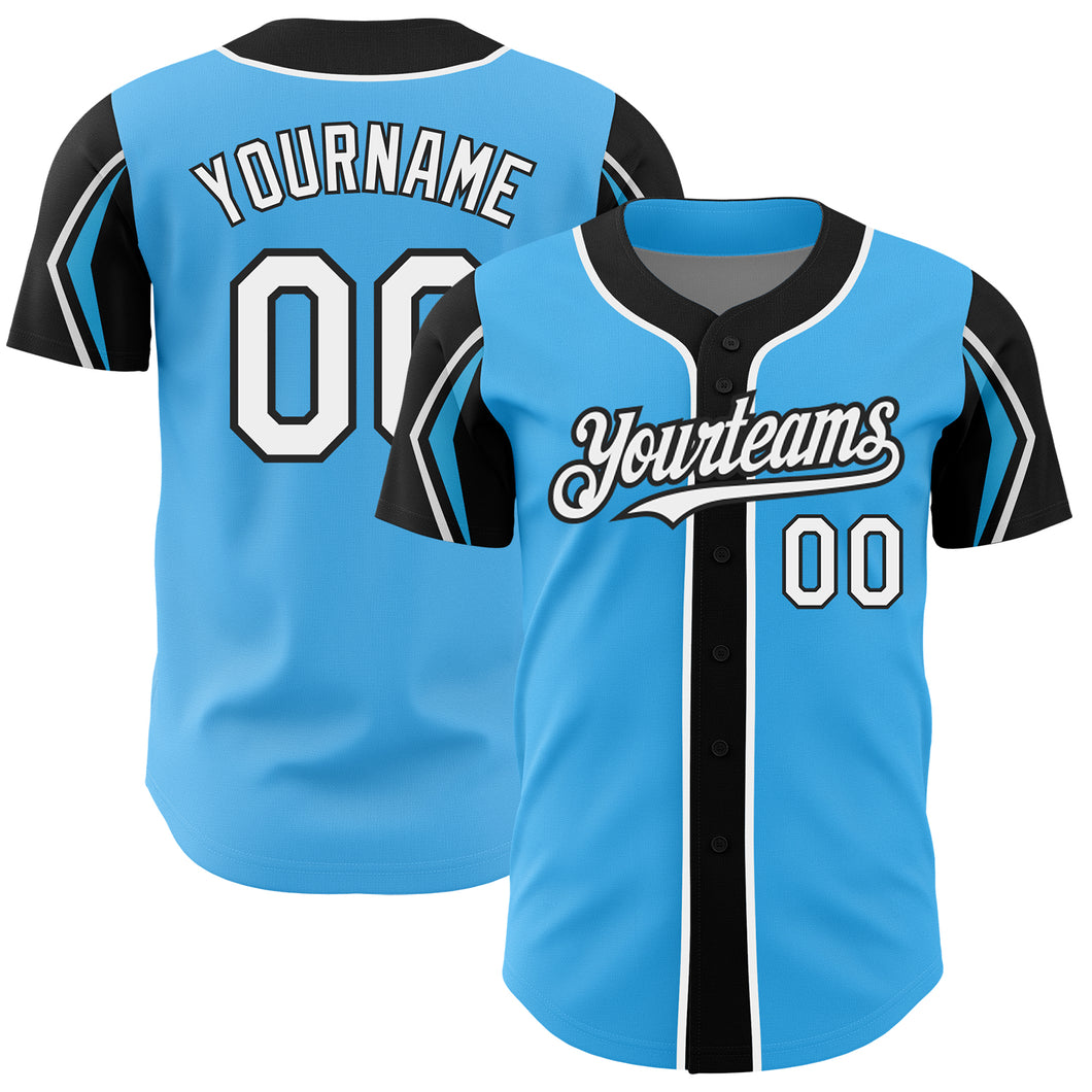 Custom Sky Blue White-Black 3 Colors Arm Shapes Authentic Baseball Jersey