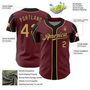 Custom Burgundy Old Gold-Black 3 Colors Arm Shapes Authentic Baseball Jersey