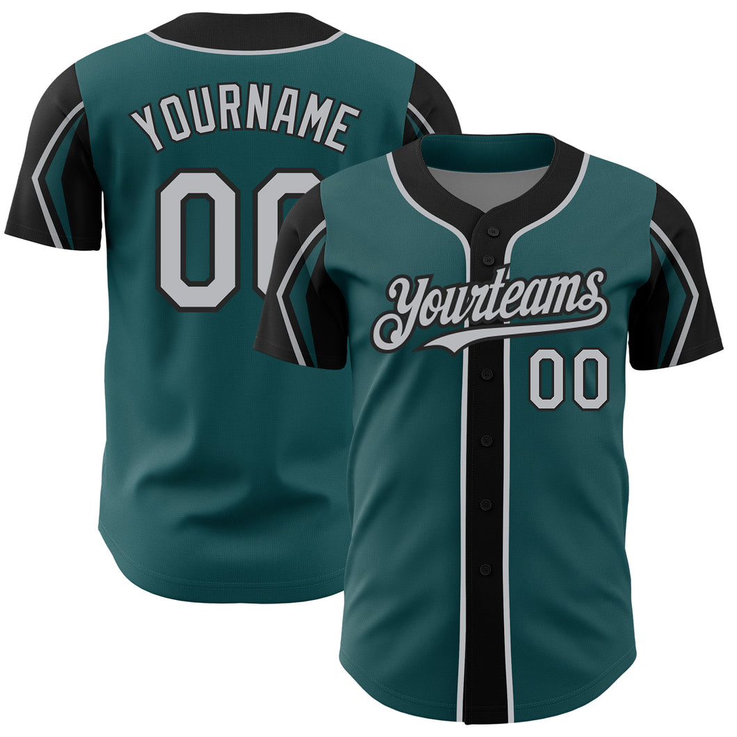 Custom Midnight Green Gray-Black 3 Colors Arm Shapes Authentic Baseball Jersey