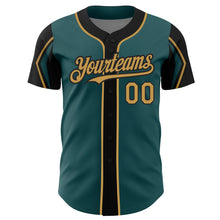 Load image into Gallery viewer, Custom Midnight Green Old Gold-Black 3 Colors Arm Shapes Authentic Baseball Jersey
