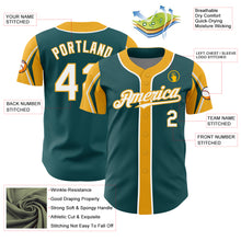 Load image into Gallery viewer, Custom Midnight Green White-Gold 3 Colors Arm Shapes Authentic Baseball Jersey
