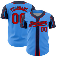 Load image into Gallery viewer, Custom Electric Blue Red-Navy 3 Colors Arm Shapes Authentic Baseball Jersey
