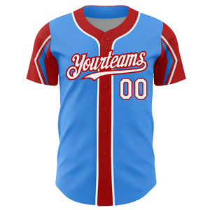Custom Electric Blue White-Red 3 Colors Arm Shapes Authentic Baseball Jersey