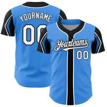 Load image into Gallery viewer, Custom Electric Blue White-Black 3 Colors Arm Shapes Authentic Baseball Jersey
