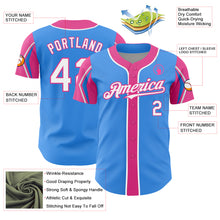 Load image into Gallery viewer, Custom Electric Blue White-Pink 3 Colors Arm Shapes Authentic Baseball Jersey
