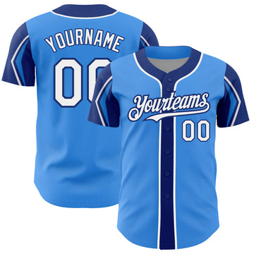 Custom Electric Blue White-Royal 3 Colors Arm Shapes Authentic Baseball Jersey