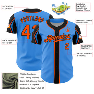Custom Electric Blue Orange-Black 3 Colors Arm Shapes Authentic Baseball Jersey