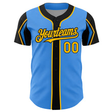 Load image into Gallery viewer, Custom Electric Blue Gold-Black 3 Colors Arm Shapes Authentic Baseball Jersey
