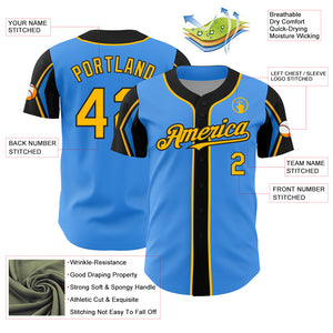 Custom Electric Blue Gold-Black 3 Colors Arm Shapes Authentic Baseball Jersey