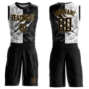 Custom Graffiti Pattern Black-Old Gold Scratch Round Neck Sublimation Basketball Suit Jersey