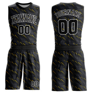 Custom Black Gold-White Round Neck Sublimation Basketball Suit Jersey