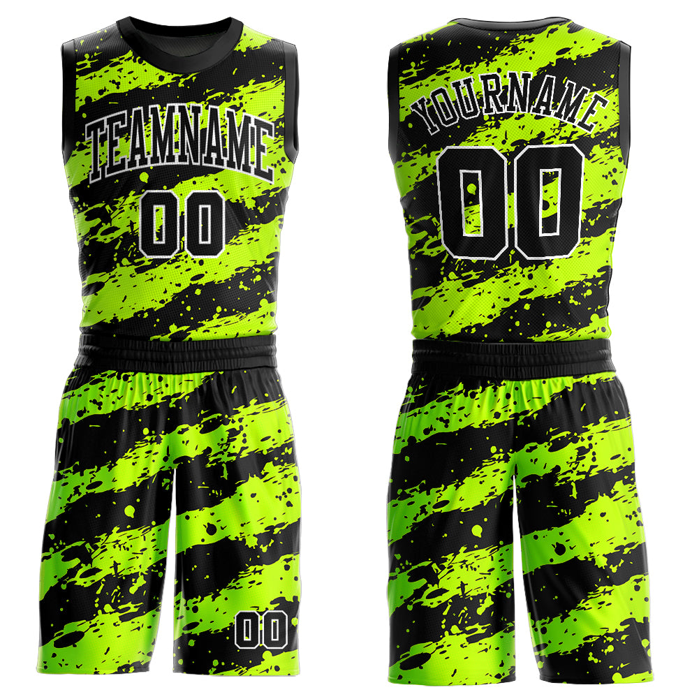 Custom Neon Green Black-White Round Neck Sublimation Basketball Suit Jersey