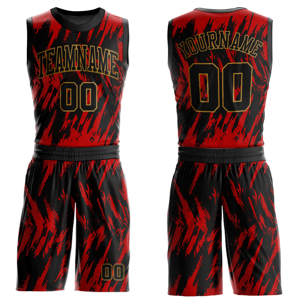 Custom Red Black-Old Gold Round Neck Sublimation Basketball Suit Jersey