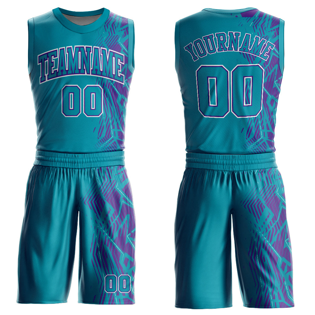 Custom Teal Purple-White Round Neck Sublimation Basketball Suit Jersey